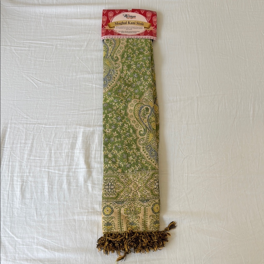 Mimosa Mughal Kani Stole - Green and Beige
